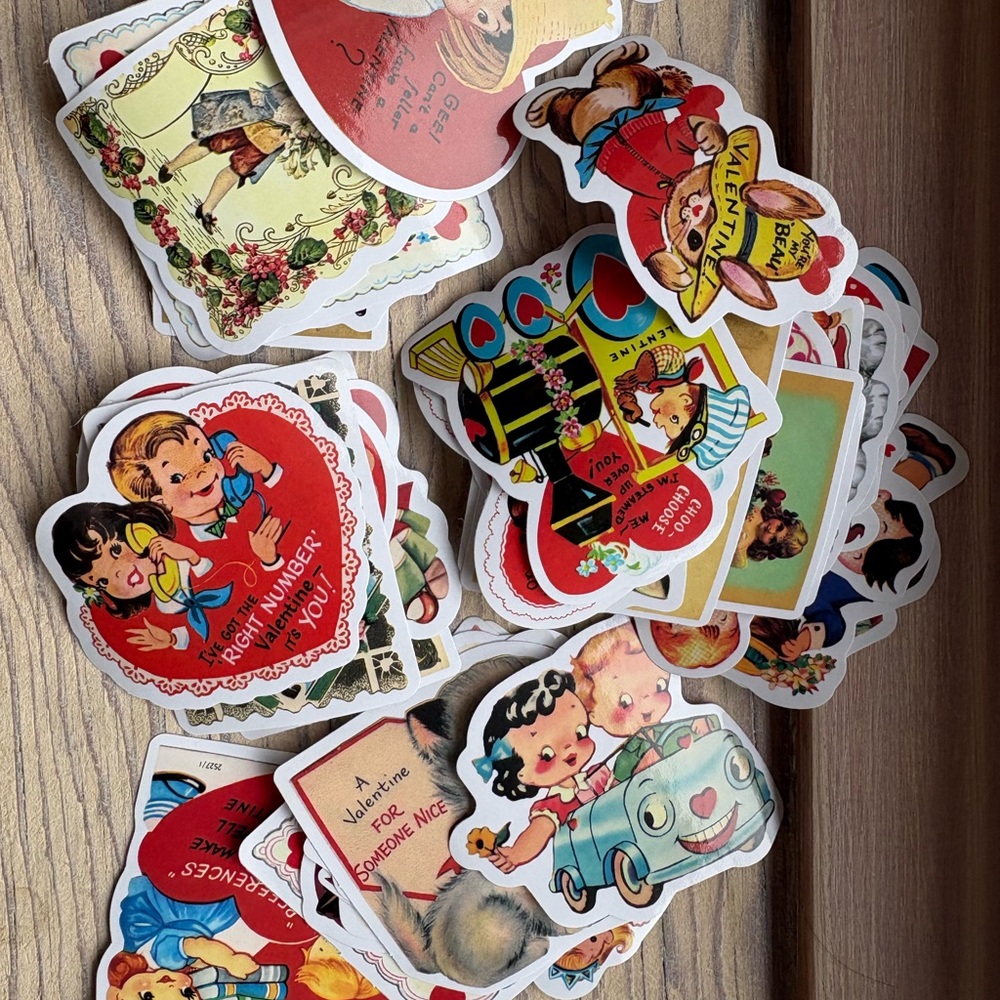 Vintage-Style Kids Valentine Sticker Pack - Red, Pink, Blue